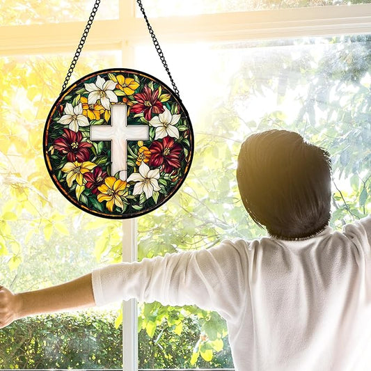 DASTOLL Stained Glass Window Hanging, Cross Flowers Sun Catchers Colorful Glass Panel Christianity Suncatcher Decor for Birthday for Women, Men, Wife, Aunt, and Mom 9.8 in