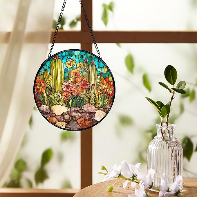Western Cactus Suncatchers Stained Glass Window Hanging, Southwestern Cactus Landscape Sun Catchers Indoor Window Glass Round Wall Decor, Western Wall Hanging Decorations, 7.9x7.9in