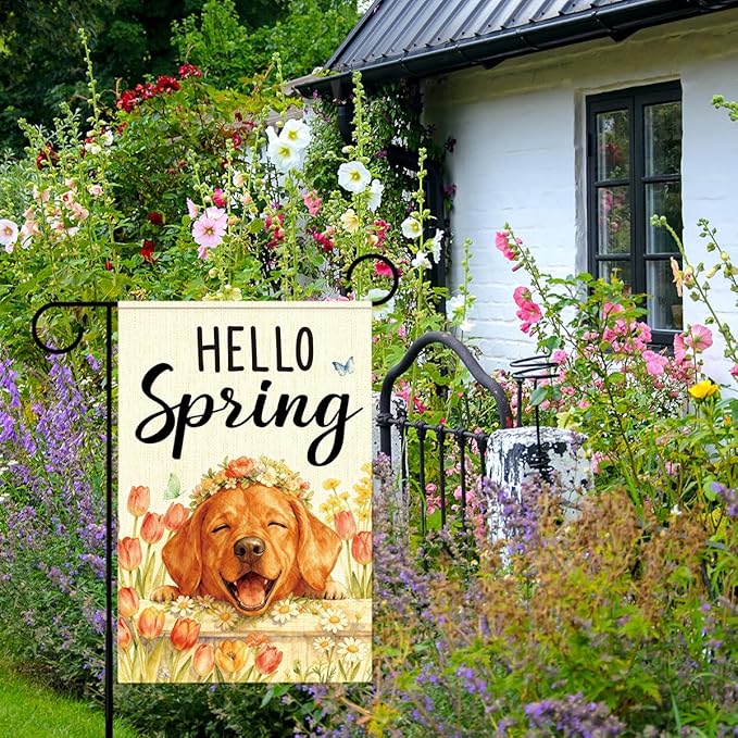 Hello Spring Golden Retriever Dog Garden Flag,Smiling Golden Retriever Spring Garden Flag for Outside Porch Lawn Yard Flags for Outdoor Decorations 12x18 Inch Double Sided
