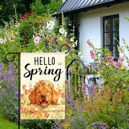 Hello Spring Golden Retriever Dog Garden Flag,Smiling Golden Retriever Spring Garden Flag for Outside Porch Lawn Yard Flags for Outdoor Decorations 12x18 Inch Double Sided