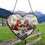 Squirrel Stained Glass Window Hanging, Suncatcher Glass Panel with Metal Chain, Heart Sun Catchers Indoor Window Decor for Home Garden, Housewarming Gift