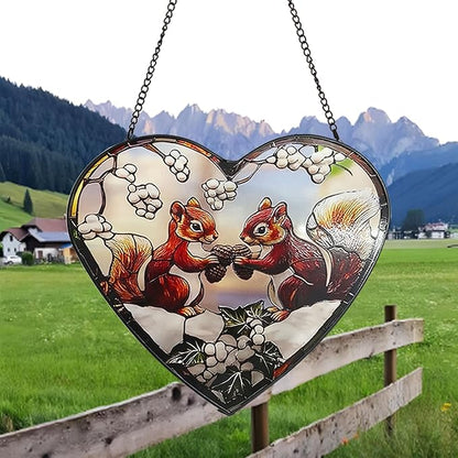Squirrel Stained Glass Window Hanging, Suncatcher Glass Panel with Metal Chain, Heart Sun Catchers Indoor Window Decor for Home Garden, Housewarming Gift