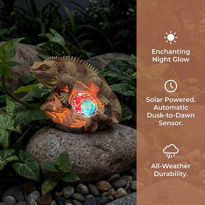 Solar Iguana Lizard Garden Statue Light, Hand-Painted Mosaic Solar Outdoor Decor Light with Dusk to Dawn Sensor, Yard Art Sculpture for Patio Lawn Porch Housewarming Gift