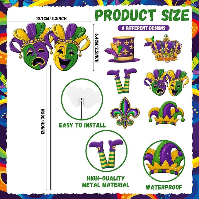 Shimeyao 6 Pcs Mardi Gras Metal Garden Stakes Mardi Gras Carnival Metal Garden Signs Yard Stakes Outdoor Decor for Carnival Party Home Lawn Porch Holiday Front Backyard
