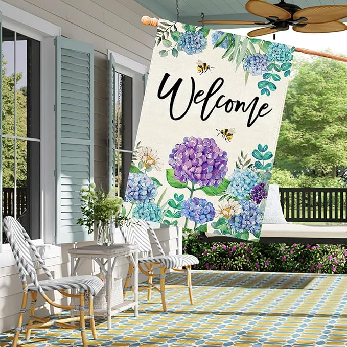 Baccessor Spring Hydrangea House Flag Double Sided 28x40 Inch, Purple Blue Flower Floral Welcome Garden Flag Burlap Vertical Seasonal Farmhouse Yard Outdoor Decoration (Large)