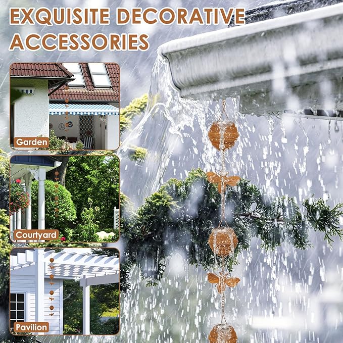 Gutter Chain, Rain Chain for Gutter, Downspout Decorative Metal Rain Catcher Diverter with Hook for Outside Windowsill Garden Patio Courtyard (Gold)