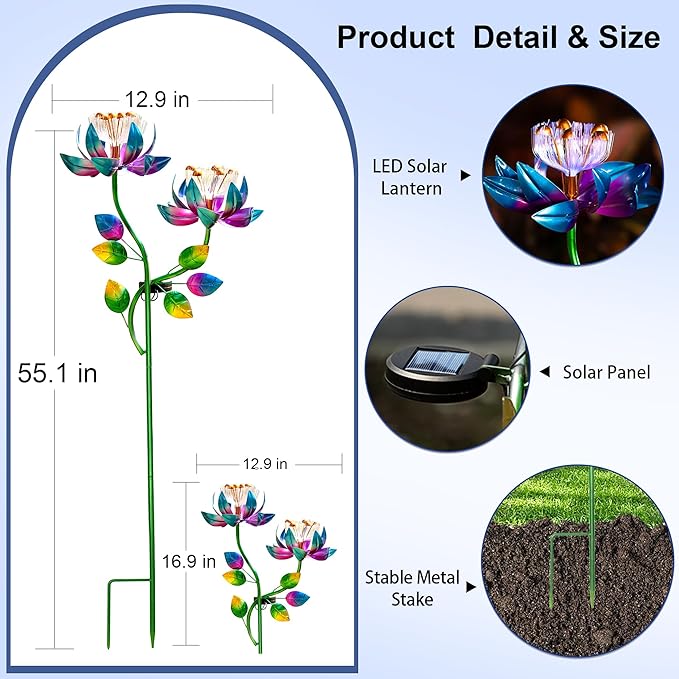 Solar Wind Spinners Blue Twin Flowers for Yard and Garden, Solar Windmill Garden Whirligig Kinetic Spinners Decor for Lawn, Patio, Yard, Metal Wind Outdoor Sculpture