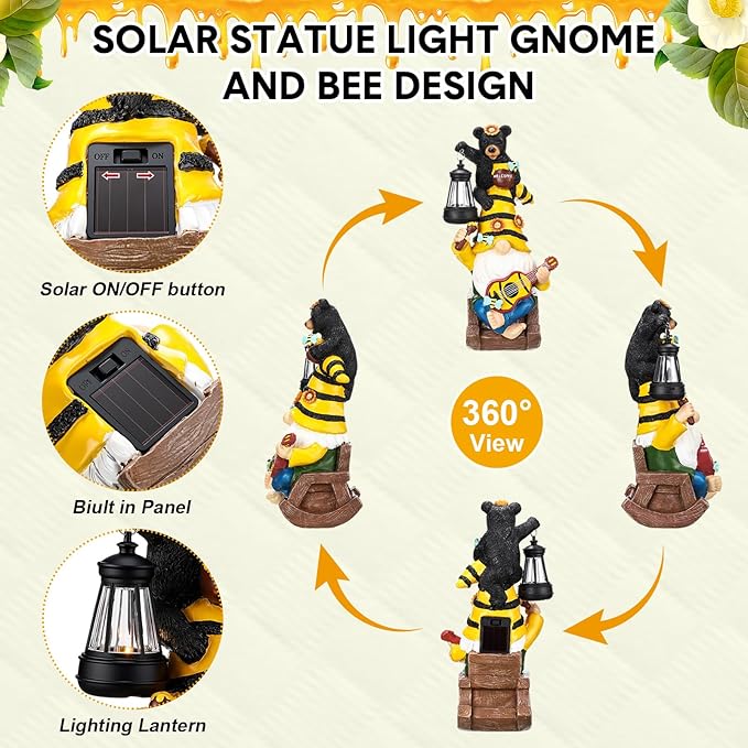 Gerrii Bee Gnome Solar Statue with LED Lantern Spring Garden Outdoor Resin Figurine Gifts for Women Mom Weatherproof Stacked Bear Bee Gnome Light Ornament for Porch Patio Lawn Entryway Welcome