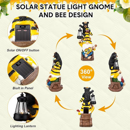 Gerrii Bee Gnome Solar Statue with LED Lantern Spring Garden Outdoor Resin Figurine Gifts for Women Mom Weatherproof Stacked Bear Bee Gnome Light Ornament for Porch Patio Lawn Entryway Welcome