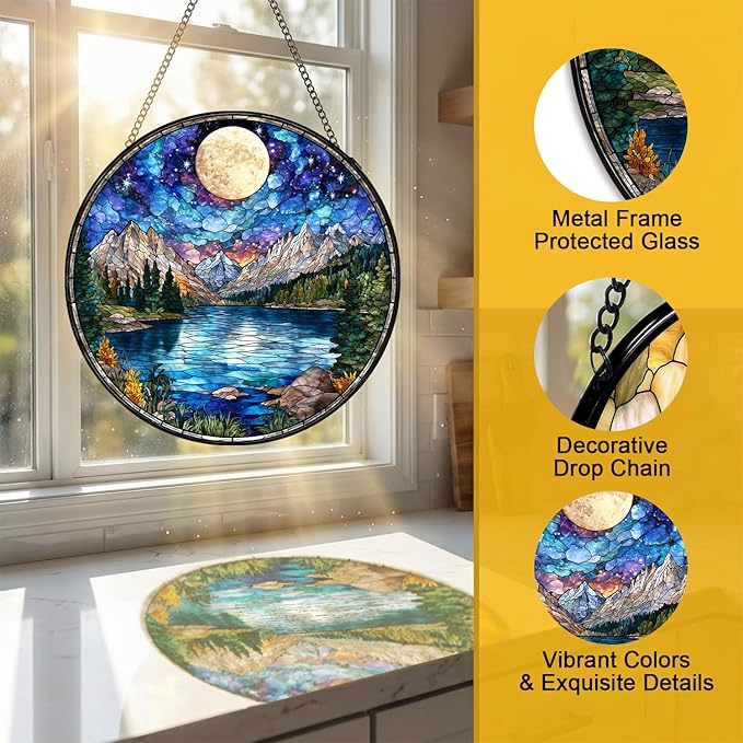 Stained Glass Sun Catcher Window Hanging - Sunset Mountains Lake Tree Design, Indoor Decor Gifts for Mother's Day, Birthday, Christmas - Perfect for Women, Men, Mom Home Window Decor (Blue) 7.8 in