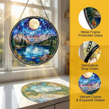 Stained Glass Sun Catcher Window Hanging - Sunset Mountains Lake Tree Design, Indoor Decor Gifts for Mother's Day, Birthday, Christmas - Perfect for Women, Men, Mom Home Window Decor (Blue) 7.8 in