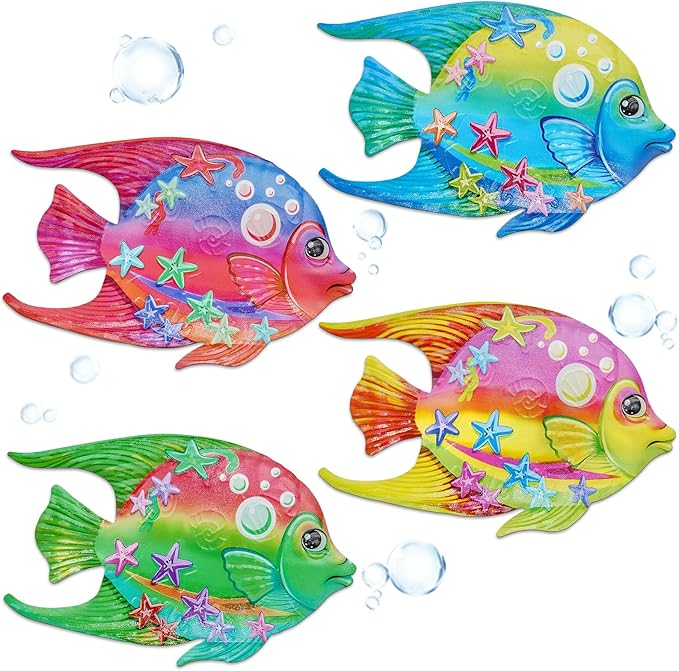 FaloStwer Metal Fish Art Wall Decor, 3D Lifelike Coastal Ocean Sea Hanging Decorations Garden Pool Decor, Set of 4 Colorful Outdoor or Indoor Wall Sculptures(Fish)