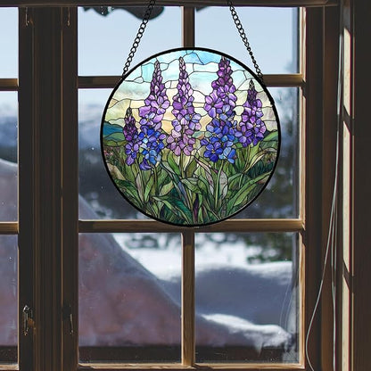 Stained Glass Window Hanging - Purple Delphinium Birth Flower Suncatcher for Door Garden Patio Sun Catchers Decor Christmas Mother's Day Birthday Gifts for Women Mom Nana Friend 15 in