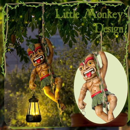 Kathfly Solar Light Outdoor Tiki Statues Resin Tiki Man Climbing on Vine with LED Lantern Waterproof Lamp Hanging Figurine with Hook for Hawaiian Gift Bar Decor Porch Patio Summer Yard Lawn Figurine