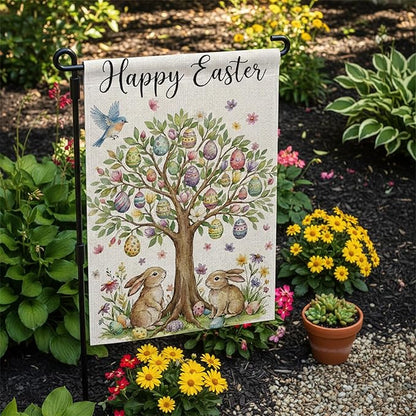 Happy Easter Garden Flag 12 x 18 Inch Double Sided Outside Flag, Easter Eggs Tree Bunny Yard Outdoor Easter Holiday Decoration