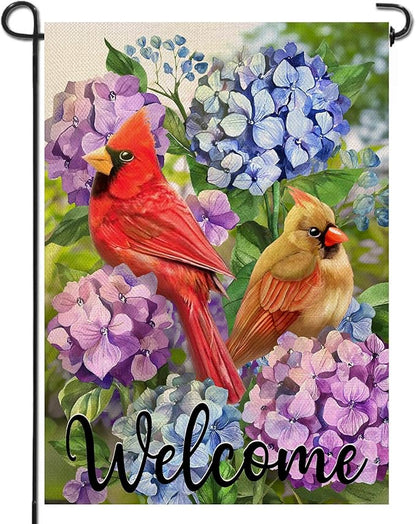 Artofy Welcome Summer Cardinal Red Birds Home Decorative Garden Flag, Yard Hydrangea Flowers Outside Decor, Spring Floral Outdoor Small Burlap Decoration Double Sided 12 x 18