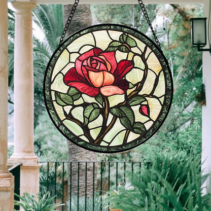 Stained Glass Window Hanging, Red Rose Flowers Sun Catcher for Door Garden Home Decor Suncatcher Christmas Mother's Day Birthday Gifts for Women Lovers Men Wife Girlfriend Mom Nana 11.8 in