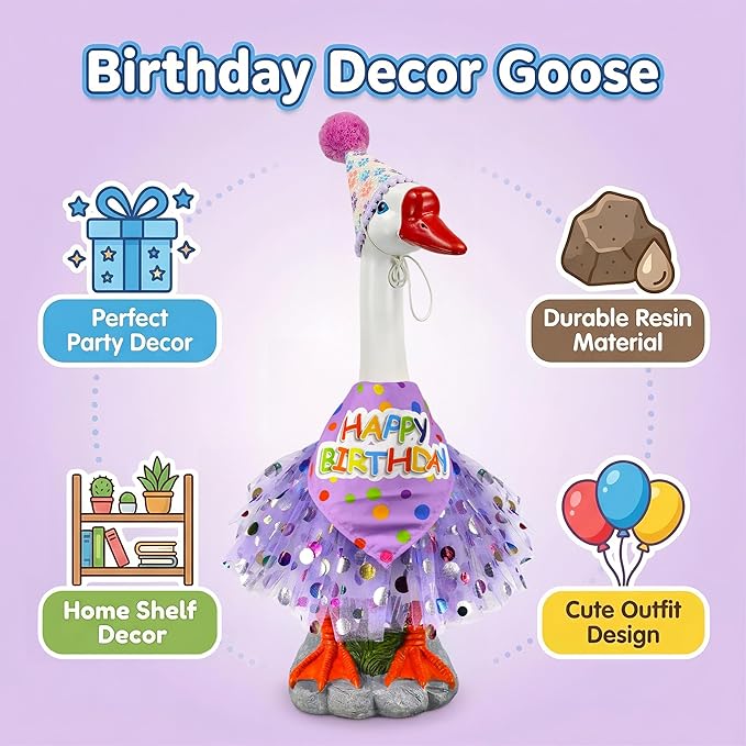 Large Porch Goose Outfits Set Decor - 20" Porch Goose Statue with Birthday Costume Gift for Mom Girl Boy ,Indoor or Outdoor Decorative Figurine for Garden Patio Lawn Entryway Accent,Housewarming Gifts