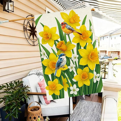 Baccessor Spring Summer Daffodils House Flag 28 x 40 Inch Double Sided Burlap Bluebirds Yellow Flower Green Leaf Farmhouse Large Yard Flag Summer Holiday Seasonal Outdoor Outside Decoration