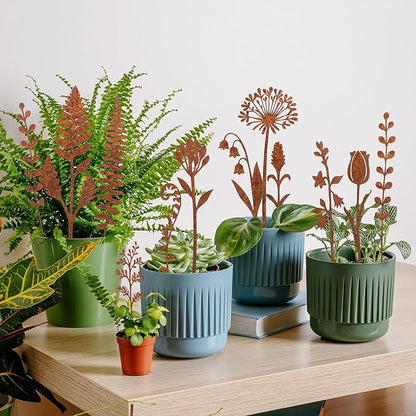 12 Pcs Rusty Metal Flowers and Plants, Rustic Metal Fern Leaf Garden Stakes, Rusty Plant Shaped Decoration for Flower Arrangement Potted Plants Outdoor Lawn Yard Courtyard Art
