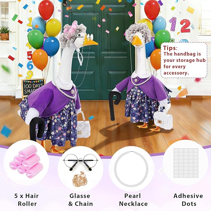 GJL Old Lady Porch Goose Outfits, Spring Summer Grandma Goose Clothes with Wig Glasses Pearl Necklace, Fits 23 Inch Cement Plastic Goose Statue for Outdoor Yard Garden Decor