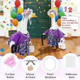 GJL Old Lady Porch Goose Outfits, Spring Summer Grandma Goose Clothes with Wig Glasses Pearl Necklace, Fits 23 Inch Cement Plastic Goose Statue for Outdoor Yard Garden Decor