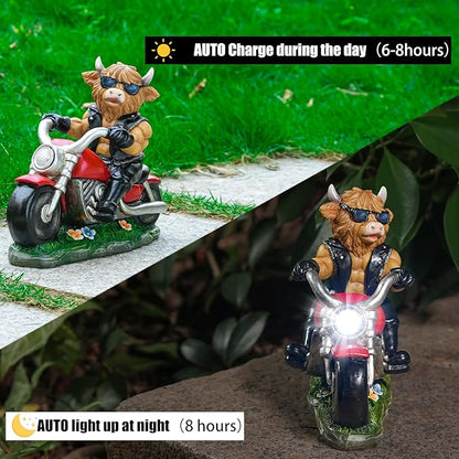 Joint Honglin Decorative Highland Cow on Motorcycle Statue with LED Headlight - Rustic Outdoor Garden Ornament, Biker Cow Figurine for Yard, Patio, or Home Decor Gifts