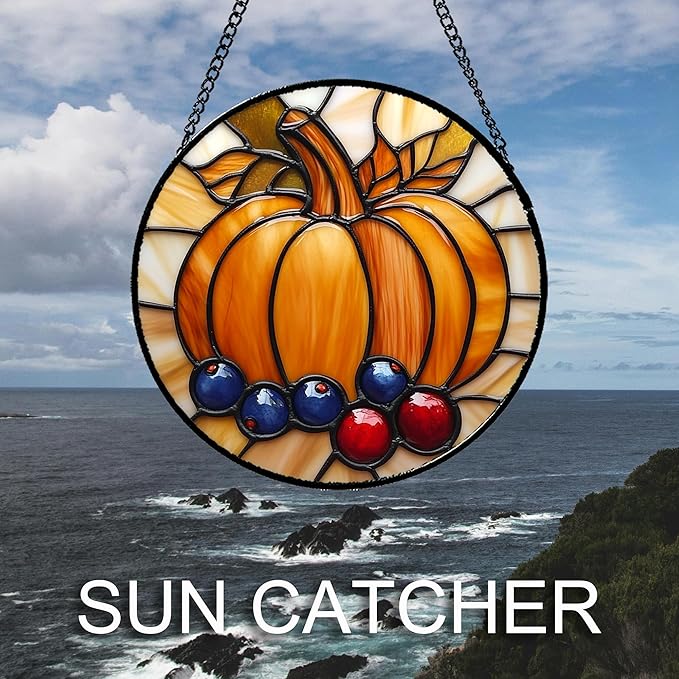 DASTOLL Stained Glass Window Hanging Fall Pumpkin Berries Large 15" - Suncatcher Door Garden Kitchen Sunroom Sun Catcher Autumn Home Decor Birthday for Mom Grandma Men Woman