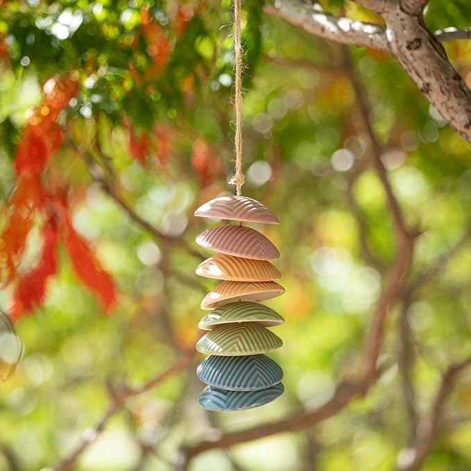 Woodstock Chimes Ceramic Disc Chime 26" Rainbow Wind Chime for Outside, Ceramic Shell Design Chimes for Garden Porch, Patio Decor, Unique Gift CCMUL