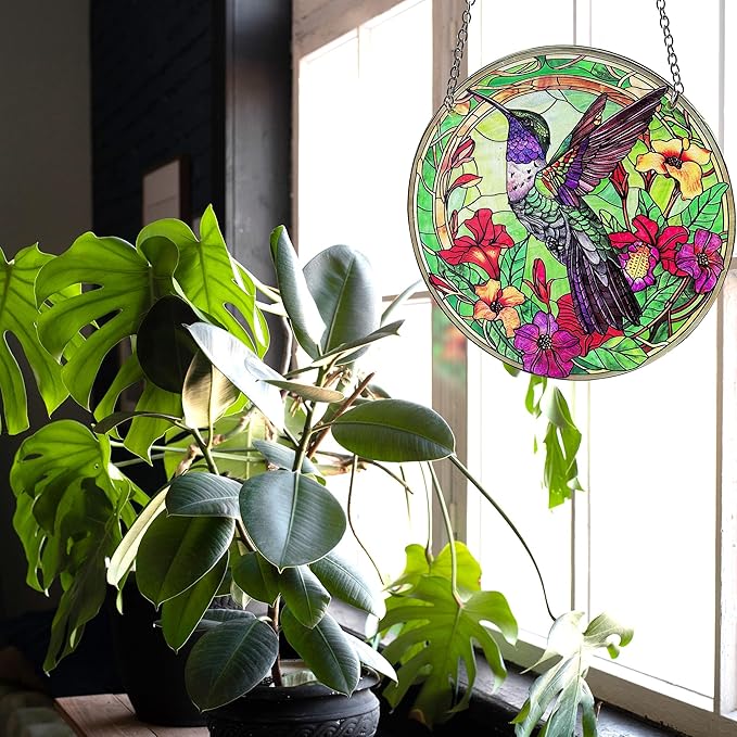 Hummingbird Stained Glass Decor for Women, Bird Lovers Suncatcher. Green Birds Art Walldecor.
