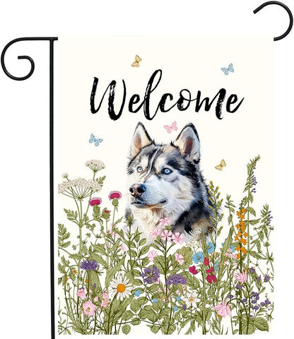 Spring Summer Garden Flag Floral Husky Yard Flag Flower Dog Garden Flags for Outside Small Outdoor Welcome Flags 12x18 Double Sided
