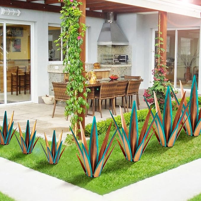 KODIBO Large Tequila Rustic Sculpture, Agave Plants for Outdoor Patio, Home Decor Hand Painted Metal Garden Statue, Lawn Ornaments Yard Stakes (Blue - L)
