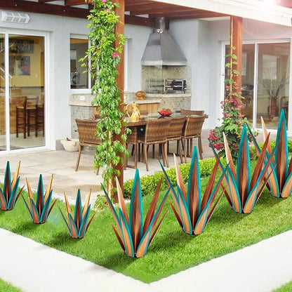 KODIBO Large Tequila Rustic Sculpture, Agave Plants for Outdoor Patio, Home Decor Hand Painted Metal Garden Statue, Lawn Ornaments Yard Stakes (Blue - L)