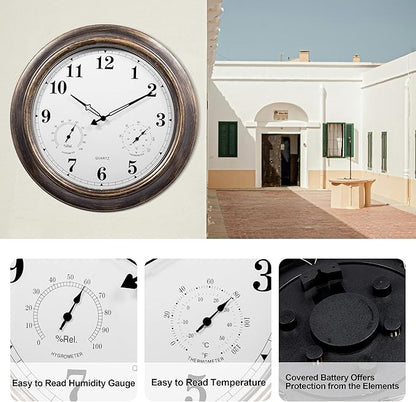 Outdoor Clocks Waterproof, 18 in Large Outdoor Clock for Patio w/Thermometer Hygrometer, Silent Battery Operated Decorative Vintage Outdise/Indoor Wall Clock for Living Room,Bathroom,Pool-Bronze