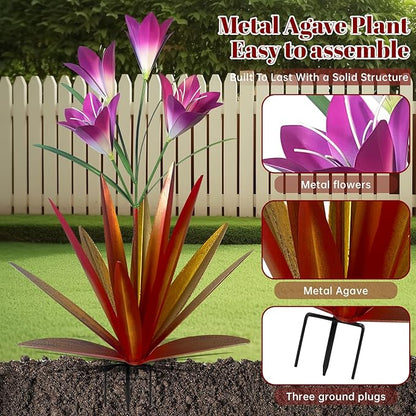 TOMBABY 32.28 Inch Metal Agave Plant Outdoor Decoration Lily Mexican Yard Art Garden Gift Home Decor Hand Painted Metal Agave Garden Yard Statue (2, Red)