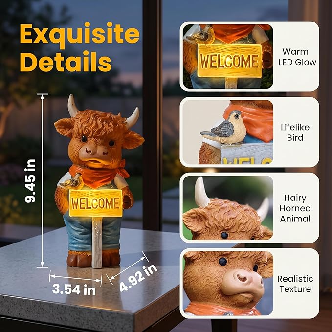 Solar-Powered Resin Highland Cow Welcome Statue with Light-Up Welcome Sign and Perched Bird, Garden Decor for Porch, Patio or Entryway