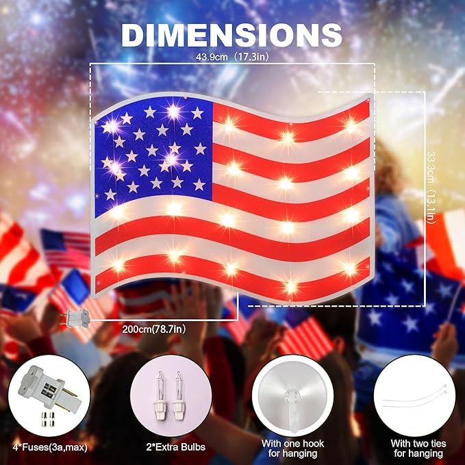 LAMPHOME 17.3'' Lighted Holographic American Flag Window Silhouette Decoration, 17 Inches, Red, White and Blue - Patriotic Decor