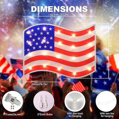 LAMPHOME 17.3'' Lighted Holographic American Flag Window Silhouette Decoration, 17 Inches, Red, White and Blue - Patriotic Decor