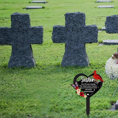 Grave Markers for Cemetery - Memorial Sister Metal Cardinals Grave Stakes Black Heart Remembrance Plaque Waterproof Flower Gravesite Decorations Outdoors Sympathy Gifts for Loss of Sisters
