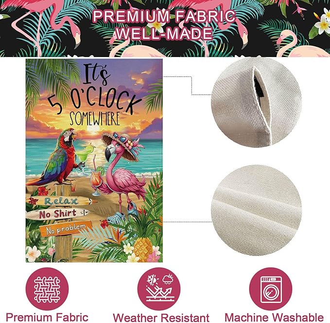 Baccessor Summer Garden Flag 12.5 x 18 Inch, Flamingo Its 5 O'Clock SOMEWHERE Double Sided Burlap Welcome Small Yard Flag Seasonal Holiday Lawn Proch Outdoor Outside Decor