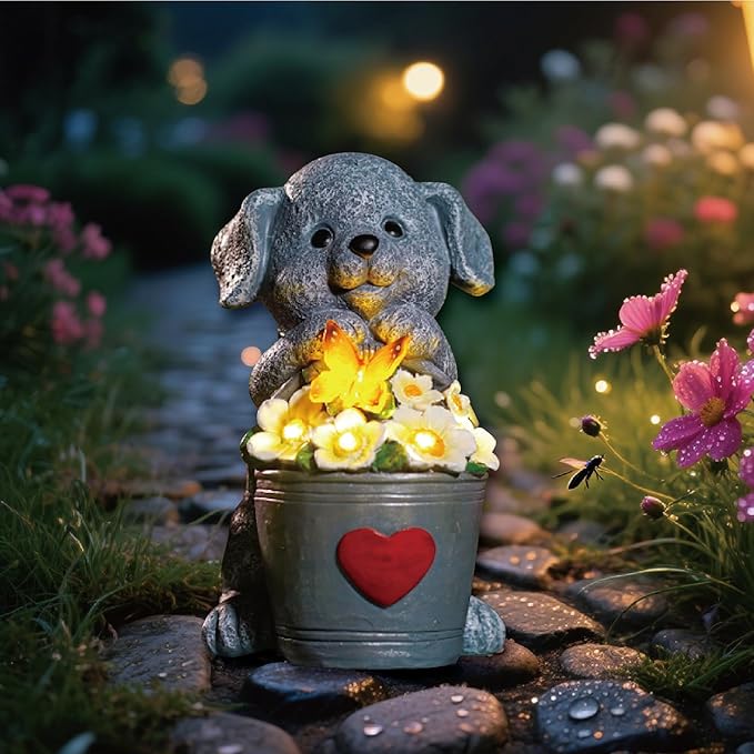 Solar Dog Statue with LED Light,Outdoor Decorations Dog Figurine Light, Unique Dogs Gift for Women,Mom,Lover,Housewarming