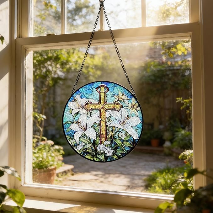 7.88'' Stained Glass Window Hanging, Cross Lily Suncatcher Stained Glass Panel with Hook Chain for Window, Christian Sun Catchers Home Decor Mother's Day Birthday for Women, Men, Wife, Aunt, and Mom
