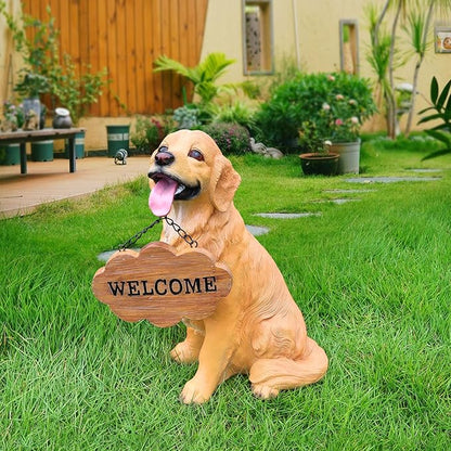 Adorable Golden Retriever Dog Sculpture with Solar-Powered Lantern & Charming 'On Patrol' & 'Welcome' Signposts - Outdoor Resin Statue for Garden, Patio, Yard Decor