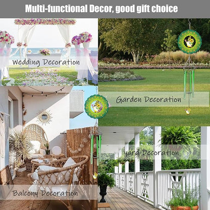 Green Cute Sunflower Gnome Wind Chime 3D Display Wind Spinner Birthday Memorial Gift Metal Decorative Wind Chimes for Yard, Garden, Backyard and Patio Outside Outdoor Decoration