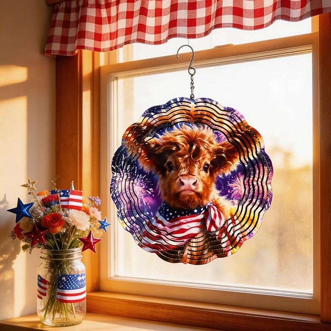 Wind Spinners Cow Fireworks Red White Blue Art 9.8 x 9.8 Inch Metal Wind Spinner Outdoor Garden Decor Festive Illustration Decorative Wind Spinners for Yard Patio