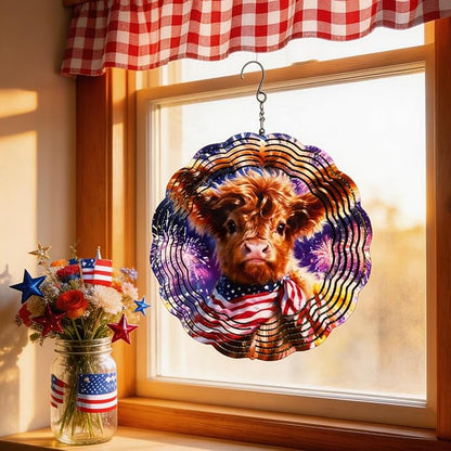 Wind Spinners Cow Fireworks Red White Blue Art 9.8 x 9.8 Inch Metal Wind Spinner Outdoor Garden Decor Festive Illustration Decorative Wind Spinners for Yard Patio