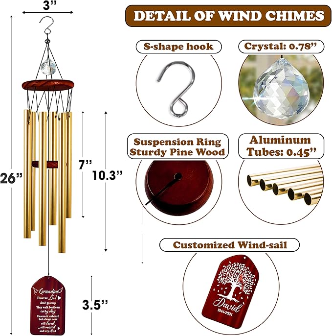Personalized Grandpa Cardinal Memorial Crystal Wind Chimes Remembrance Ornament Sympathy Keepsake in Memory of Grandfather Papa Dada Papi Custom Name Date Bereavement Condolence Gift Outdoor Hanging
