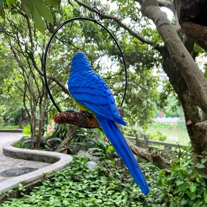 Hanging Parrot Macaw Sculpture Ring Perch Indoor/Outdoor Statue for Patio Home Garden, Medium 15 Inch Tall