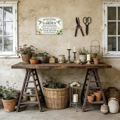 Garden Signs for Outside - Welcome To Our Garden, Funny Metal Signs for Home Garden Patio Yard, Vintage Gardening Gifts for Women, Hummingbird Decor 12" x 8"