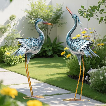 chisheen Large Garden Crane Statues Outdoor Sculptures, Metal Yard Art Heron Decor Standing for Indoor Outdoor Decor, Bird Statues for Patio Lawn Porch Decorations, Set of 2